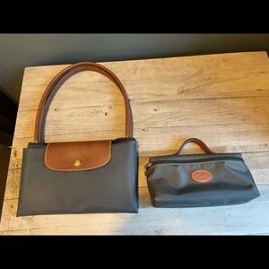 Large Longchamp Le Pliage in Gunmetal with Cosmetic Case